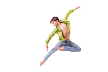 Ballet dancer teen boy jumping on white background, isolate
