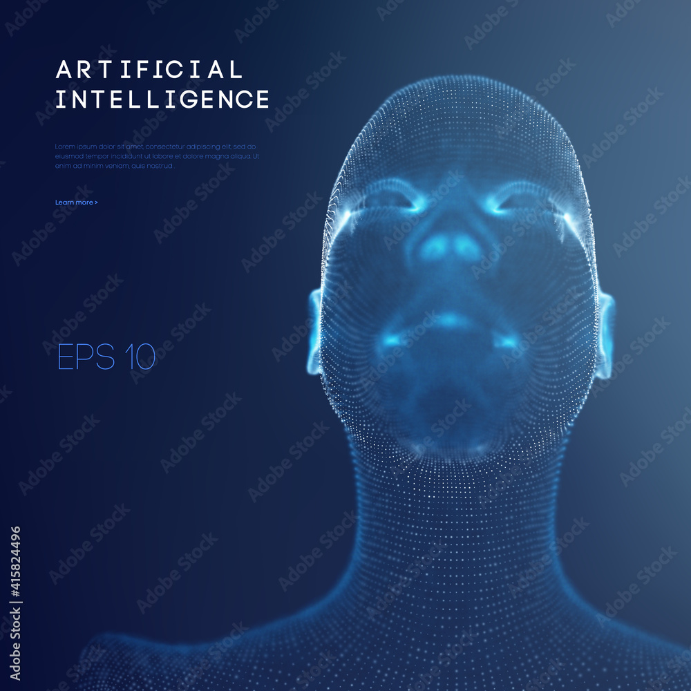 Poster artificial intelligence abstract technology communication design. woman head bigdata abstract vector