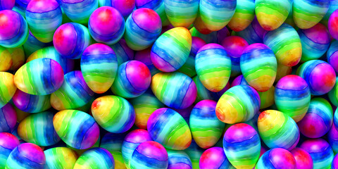 Pile of birght and colorful Easter Eggs. 3D rendering illustration.