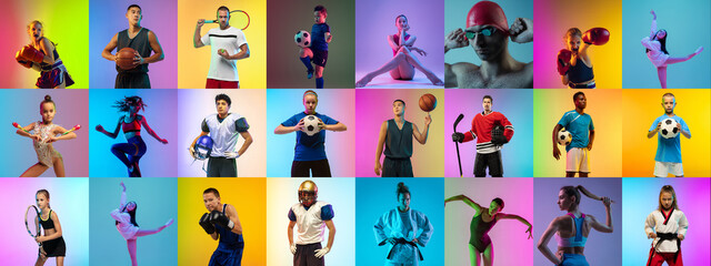 Sport collage of 20 professional athletes on gradient multicolored neoned background. Concept of motion, action, active lifestyle, wellness. Football, soccer, basketball, tennis, box. Made of models. - obrazy, fototapety, plakaty