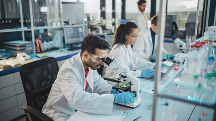Medical Science Laboratory: Row of Diverse Team of Multi-Ethnic Young Scientists Looking Under...