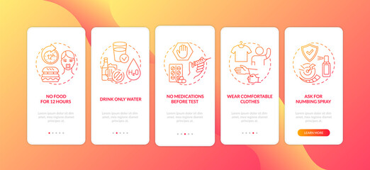 Laboratory analysis tips onboarding mobile app page screen with concepts. Comfortable clothes, numbing spray walkthrough 5 steps graphic instructions. UI vector template with RGB color illustrations