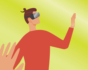 Young man with vr helmet, flat vector stock illustration with video game, virtual reality, futuristic gadget