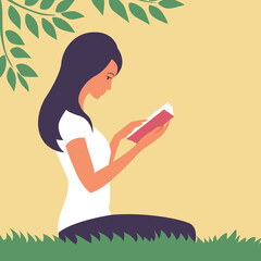 Beautiful young girl reads a book in nature. Sits on the green grass under the foliage of a tree. Vector cartoon illustration.