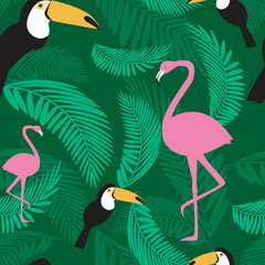 Toucan and flamingo seamless pattern, flat vector stock illustration as texture, background, exotic birds backdrop