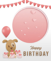 Happy birthday card design color pastel background wallpaper paper art style dog character sitting with gift box vector illustration. 
