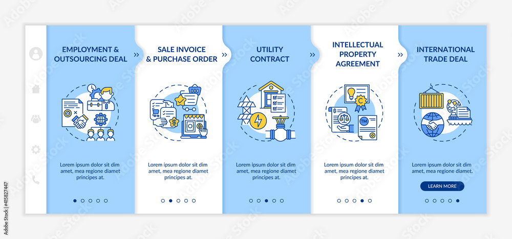 Poster common commercial contracts types onboarding vector template. employment and outsourcing deal. respo