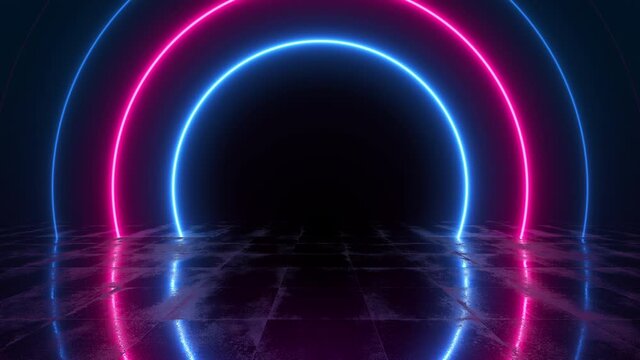 Neon lights background. Abstract motion texture of a laser show stage. Colorful animation for night club party concept. Seamless loop.