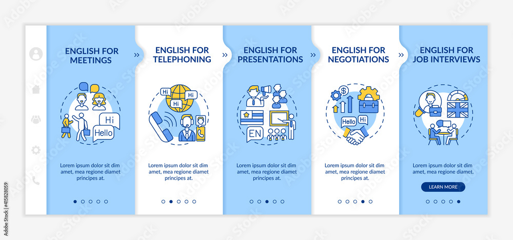Aufkleber business english aims onboarding vector template. foreign language for presentations, job interviews