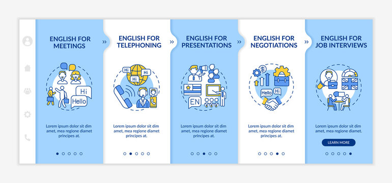 Business English aims onboarding vector template. Foreign language for presentations, job interviews. Responsive mobile website with icons. Webpage walkthrough step screens. RGB color concept