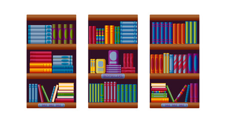 Bookshop racks with bestsellers and sale options. Set for bookstore shelves in cartoon style. Vector illustration on white background