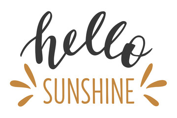 Hello Sunshine hand drawn lettering logo icon in trendy golden grey colors. Vector phrases elements for nursery, postcards, banners, posters, mug, scrapbooking, pillow case and clothes design.  