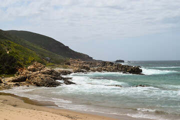 Sea hitting the rocks in Robberg Nature Reserve, Plettenberg Bay, South Africa.