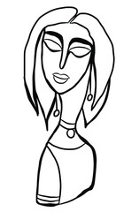 portrait of a girl, a woman, surreal abstract black and white contour drawing by hand, isolated, white background, doodles