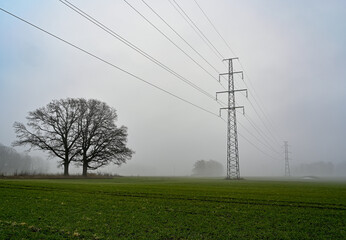 power line over agriculture fields a foggy morning