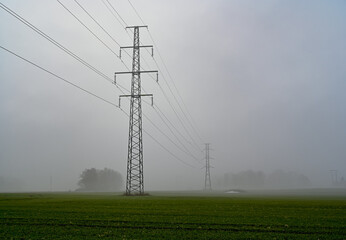 power line over agriculture fields a foggy morning
