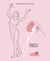 Happy Women's day. 8 March. Abstract one line woman body. Vector fashion illustration of the female body in a trendy linear style. Elegant art. For posters, tattoos, logos of underwear stores