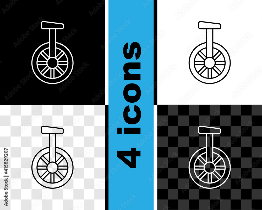 Sticker Set line Unicycle or one wheel bicycle icon isolated on black and white, transparent background. Monowheel bicycle. Vector.