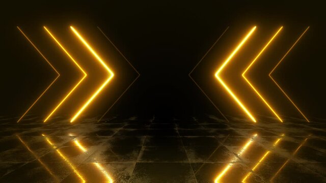 Abstract neon background with bright golden arrows. Laser beams motion in a shiny space concept with reflection on the floor. Seamless loop.