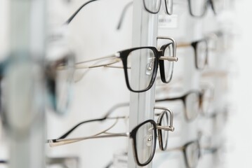 Row of luxury eyeglass at an opticians store
