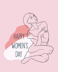 Happy Women's day. 8 March. Abstract one line woman body. Vector fashion illustration of the female body in a trendy linear style. Elegant art. For posters, tattoos, logos of underwear stores