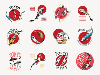Koi carp and red sun, Japanese fish badges set. Korean animal logo. Engraved hand drawn line art Vintage tattoo monochrome sketch for poster or label.
