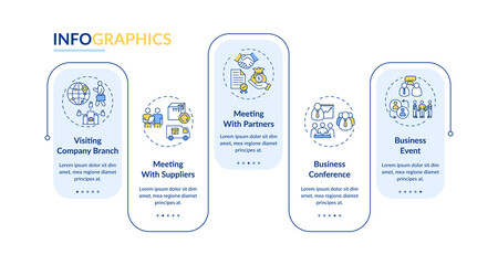 Business travel types vector infographic template. Meeting with suppliers presentation design elements. Data visualization with 5 steps. Process timeline chart. Workflow layout with linear icons