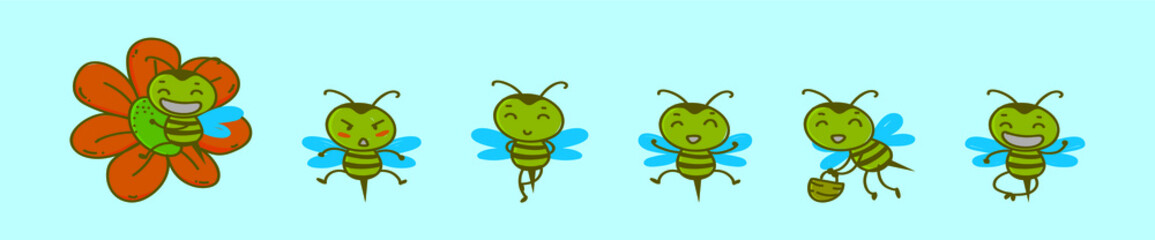 set of bee cartoon icon design template with various models. vector illustration isolated on blue background