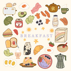 Cute breakfast doodle set with toaster, sandwich, bacon, tea pot, cup, strawberry jam, milk, cereal, pancake, egg, avocado, sausage, bowl, tomato and fruits. 