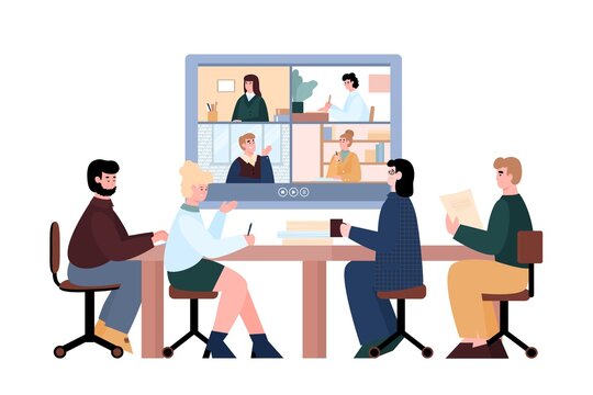 Business video conference with people at table, cartoon vector illustration isolated on white background. Online conference call meeting with video projection screen.