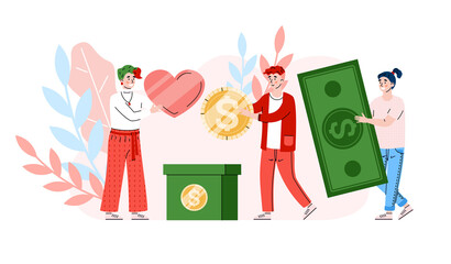 Money charity and donation. Female volunteer with love collect coin and banknotes in donate box. Social support, aid and help poor and needy people. Vector flat illustration.