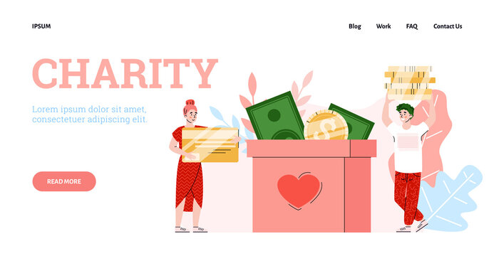 Charity, donation and help for poor, needy and homeless people. Girl and guy puts of money in donate box with image heart. Landing page template. Vector illustration.