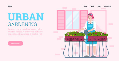Landing page template with urban gardening concept. Young woman watering blossom flowers and care for green potted plants decorated city balcony. Vector colorful illustration.