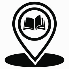 Book location icon. Geotag bookstore, school, university. Library location. Vector graphics.