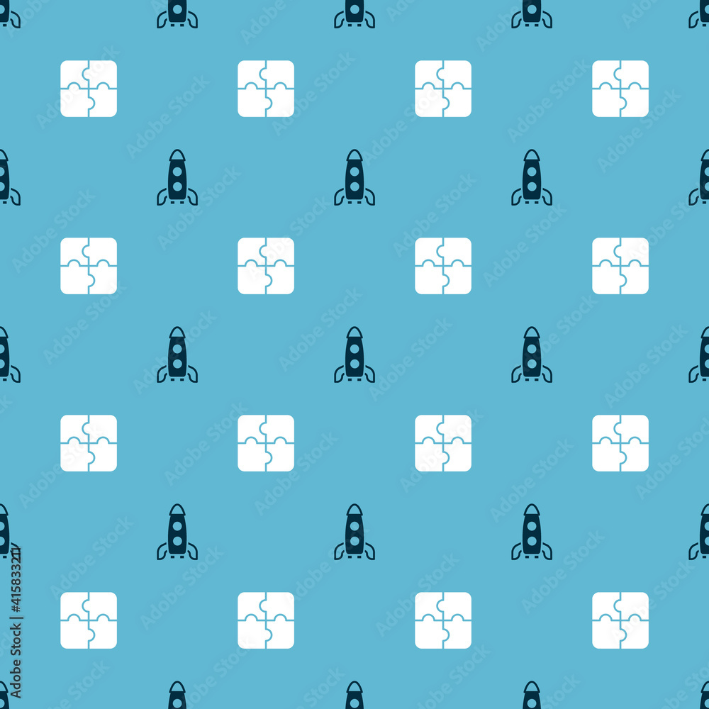 Poster set rocket ship and piece of puzzle on seamless pattern. vector.