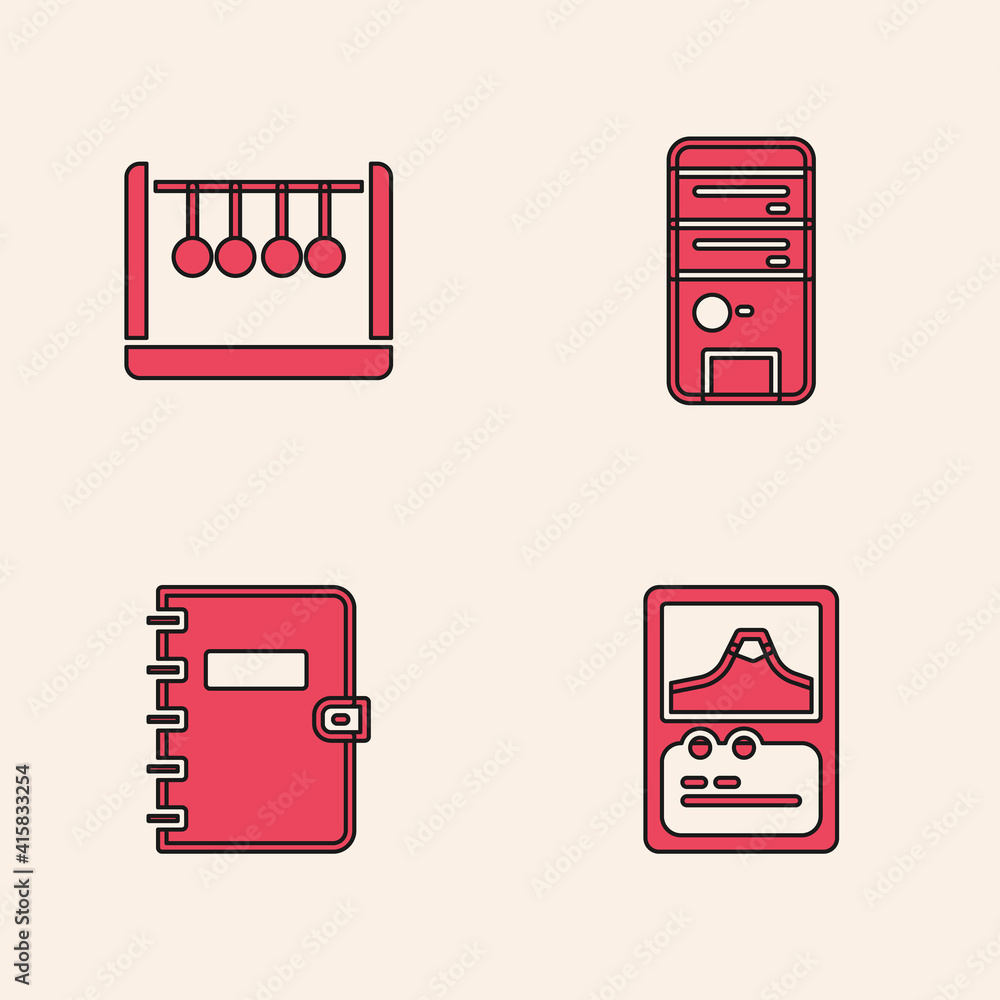 Poster set card game, pendulum, computer and spiral notebook icon. vector.