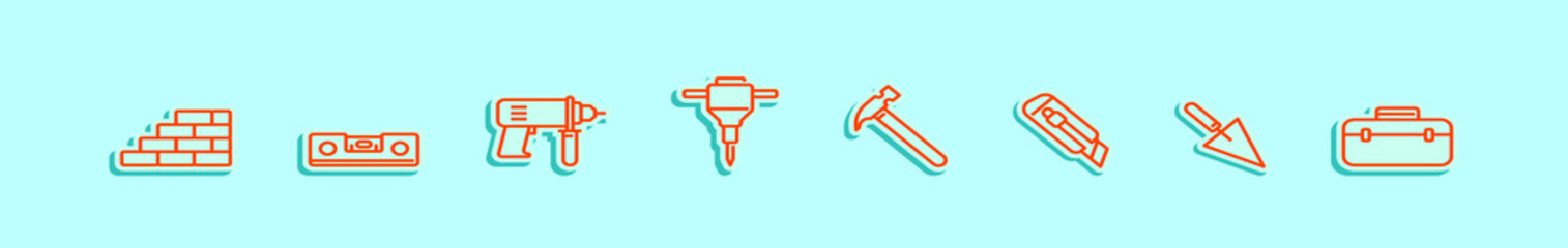 set of construction tools cartoon icon design template with various models. vector illustration isolated on blue background