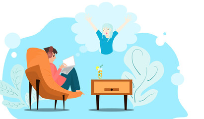 Concept happy, relax. A young man who is talking to a young woman Via notebook, vector illustration for communication, video call, chatting, happiness, good moment, relaxation lifestyle, holiday 