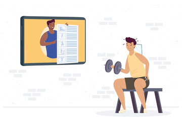 athletic man lifting dumbbell for tv online exercise
