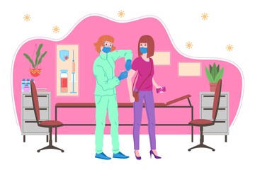 Vaccination concept for immunity health. Vaccine anti Covid-19. Doctors makes an injection of flu vaccine to pacient in hospital and inviting next. Healthcare, coronavirus, prevention and immunize.