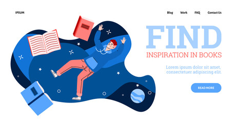 Website banner template for book store or online audio books with man floating in the air, cartoon vector illustration. Inspiration and education concept of web banner.
