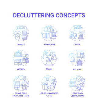 Decluttering blue gradient concept icons set. Donate and recycle idea thin line RGB color illustrations. Leave necessary and favourite things in house. Vector isolated outline drawings