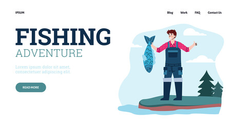 Fishing season. Happy fisherman hold big catch fish in hand and showing sign thumb up. Vector landing page template with advertise of leisure, adventure and trip for fishers.