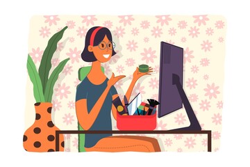 Webinar vector Illustration, online meeting concept, work from home, flat design. Video conferencing, teleworking, social distancing, business discussion. Character talking with colleagues online.