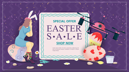 Easter holiday advertising banner sale for design decoration Girl sitting on a painted egg and drone between text with information flat illustration