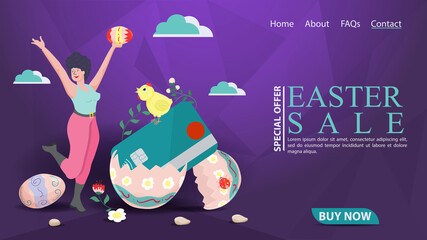 Easter holiday advertising banner sale for the design of a website web page A girl stands next to a broken egg with a plastic card inside a flat illustration
