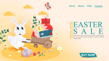 Easter holiday advertising banner sale for the design of the website web page rabbit rolls a wheelbarrow with an egg and a plastic card flat illustration