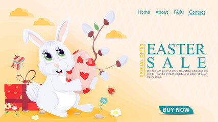 Easter holiday advertising banner sale for website design web page rabbit holds a colored egg next to a gift flat illustration