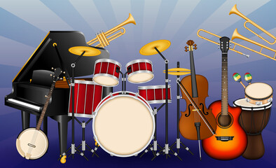 Musical instruments set. Realistic style design. Different types of musical instruments illustration