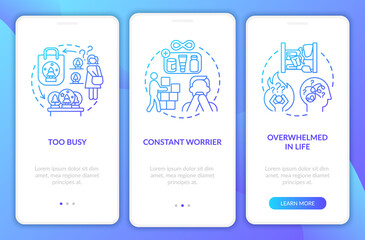 Clutter personality types onboarding mobile app page screen with concepts. Overwhelmend in life walkthrough 3 steps graphic instructions. UI vector template with RGB color illustrations